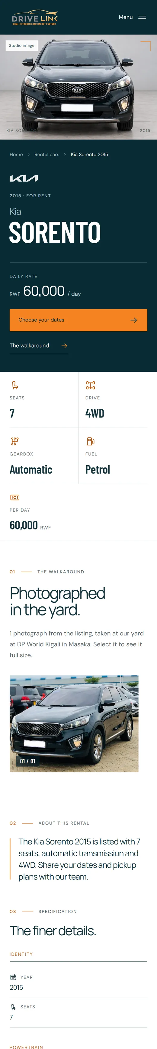 Kia Sorento, for rent, the page on a phone